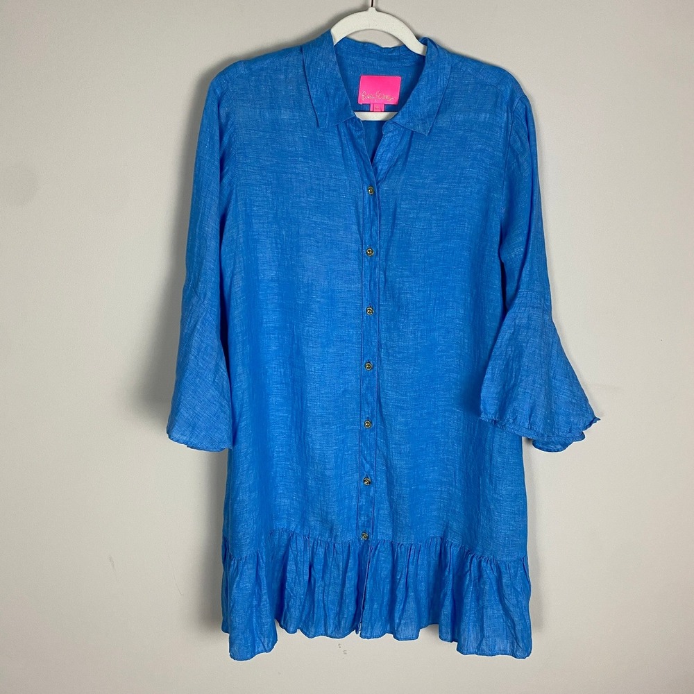 Lilly Pulitzer Linley Collared Cover-Up Dress Linen Button Down Medium Ruffle